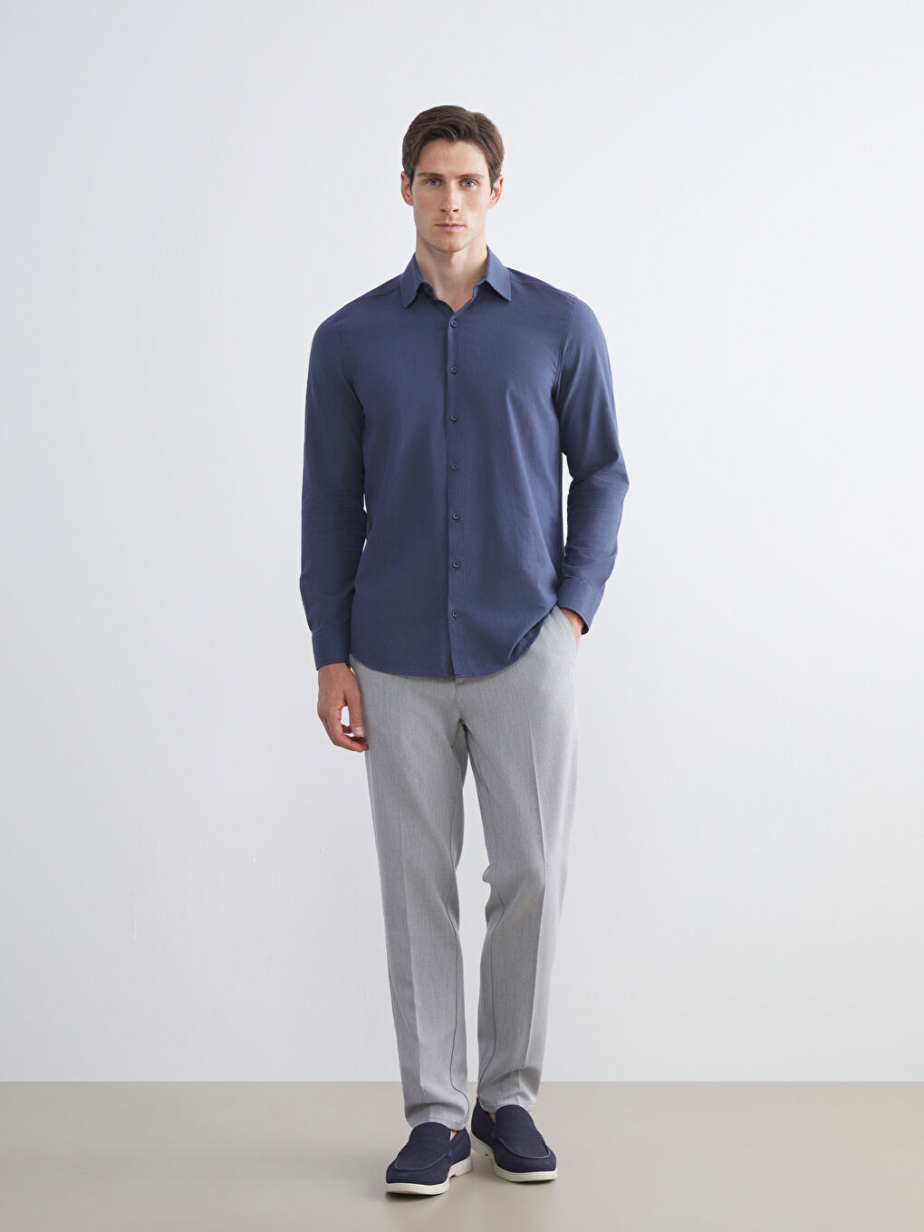 Lacivert Slim Fit Uzun Kollu Erkek Gömlek-1