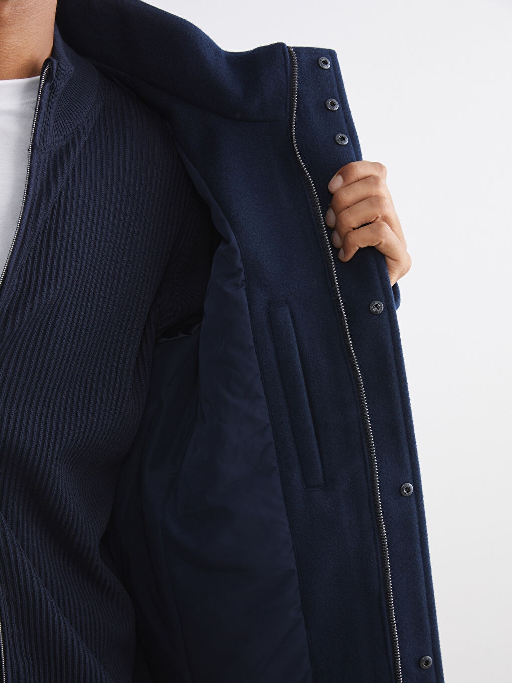 Lacivert Rahat Kalıp Dik Yaka Erkek Kaşe Kaban-3