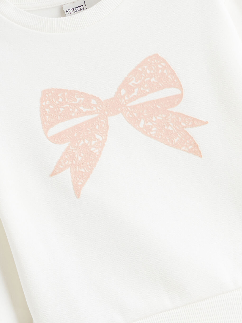 Ekru Bisiklet Yaka Fiyonk Baskılı Kız Çocuk Sweatshirt-1