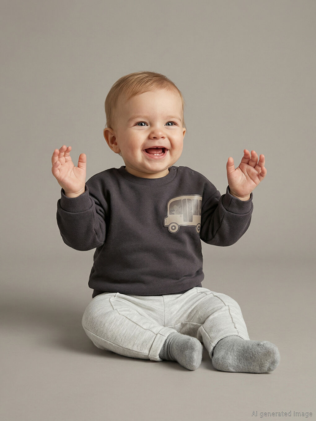 Gri Bisiklet Yaka Erkek Bebek Sweatshirt ve Eşofman Alt 2'li