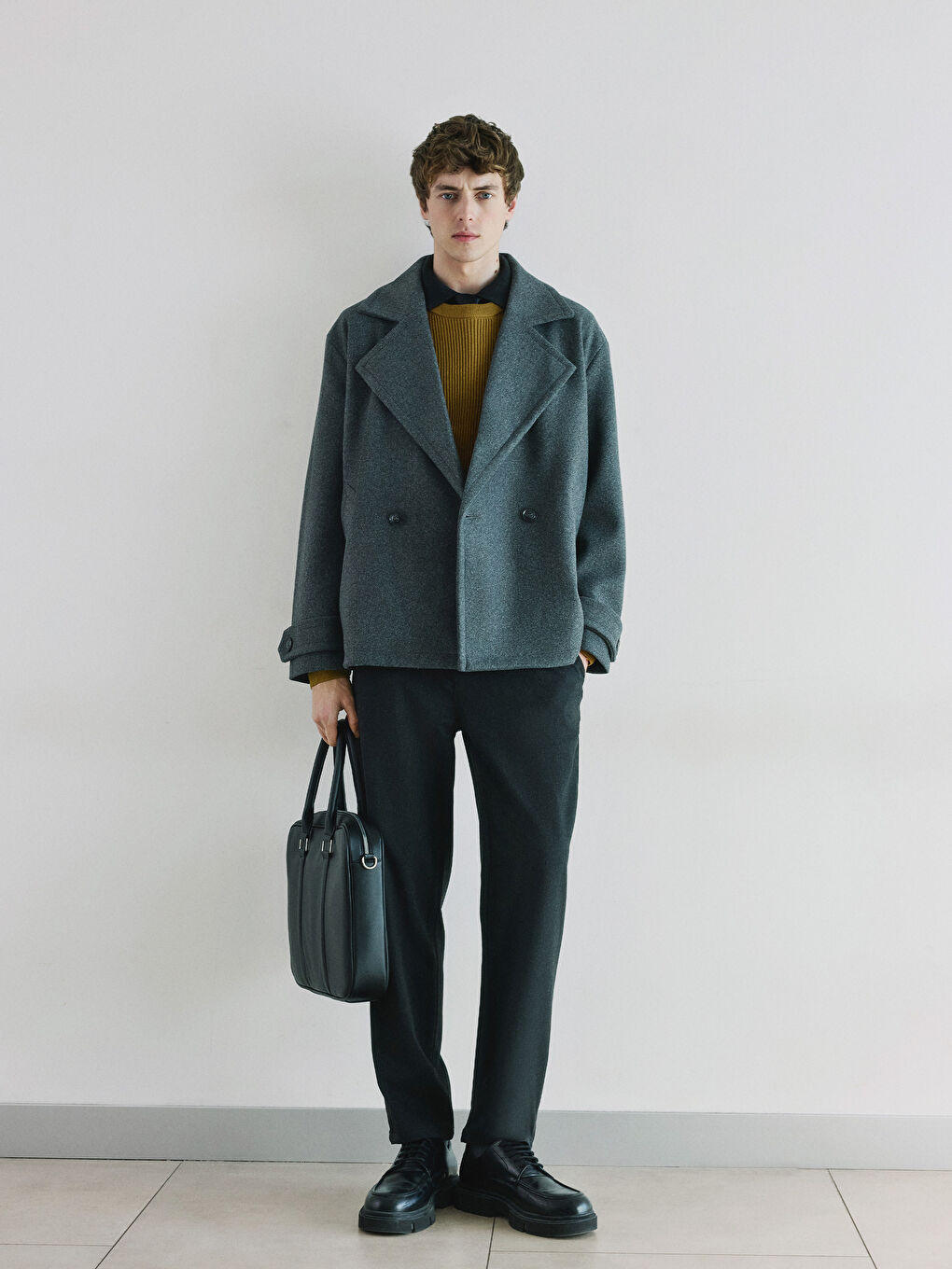 Antrasit Kruvaze Yaka Erkek Kaşe Kaban-1