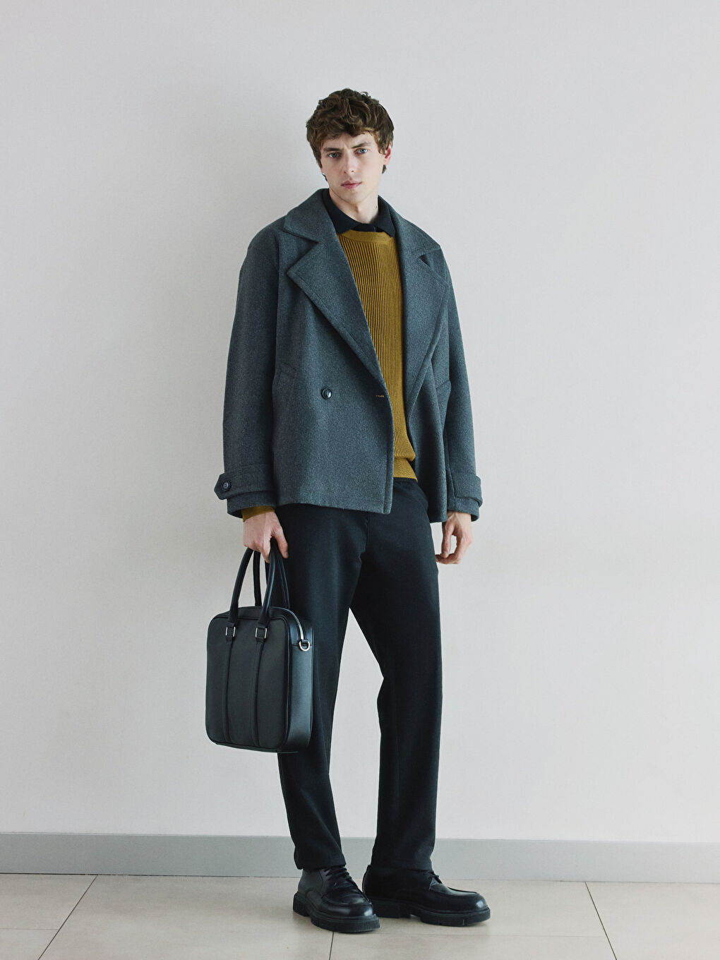 Antrasit Kruvaze Yaka Erkek Kaşe Kaban-2