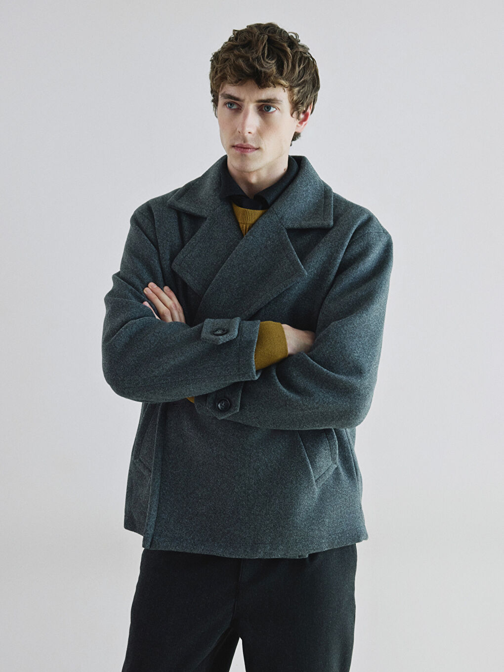 Antrasit Kruvaze Yaka Erkek Kaşe Kaban-4