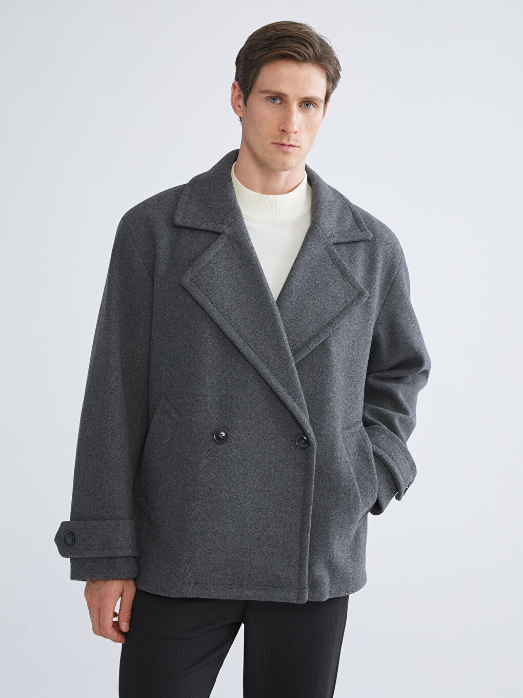 Antrasit Kruvaze Yaka Erkek Kaşe Kaban-3