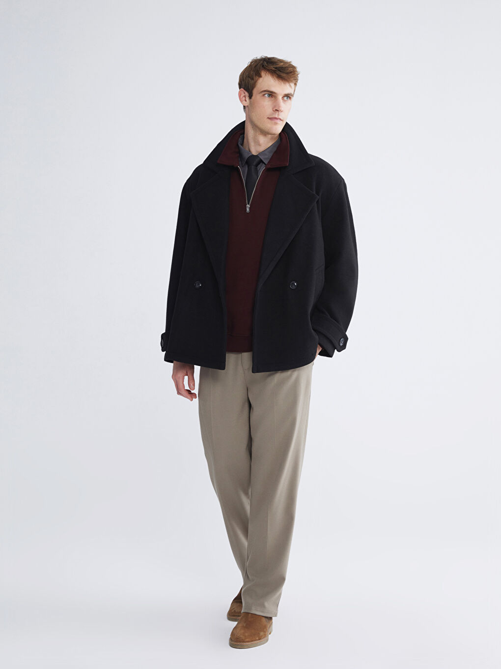 Siyah Kruvaze Yaka Erkek Kaşe Kaban-1