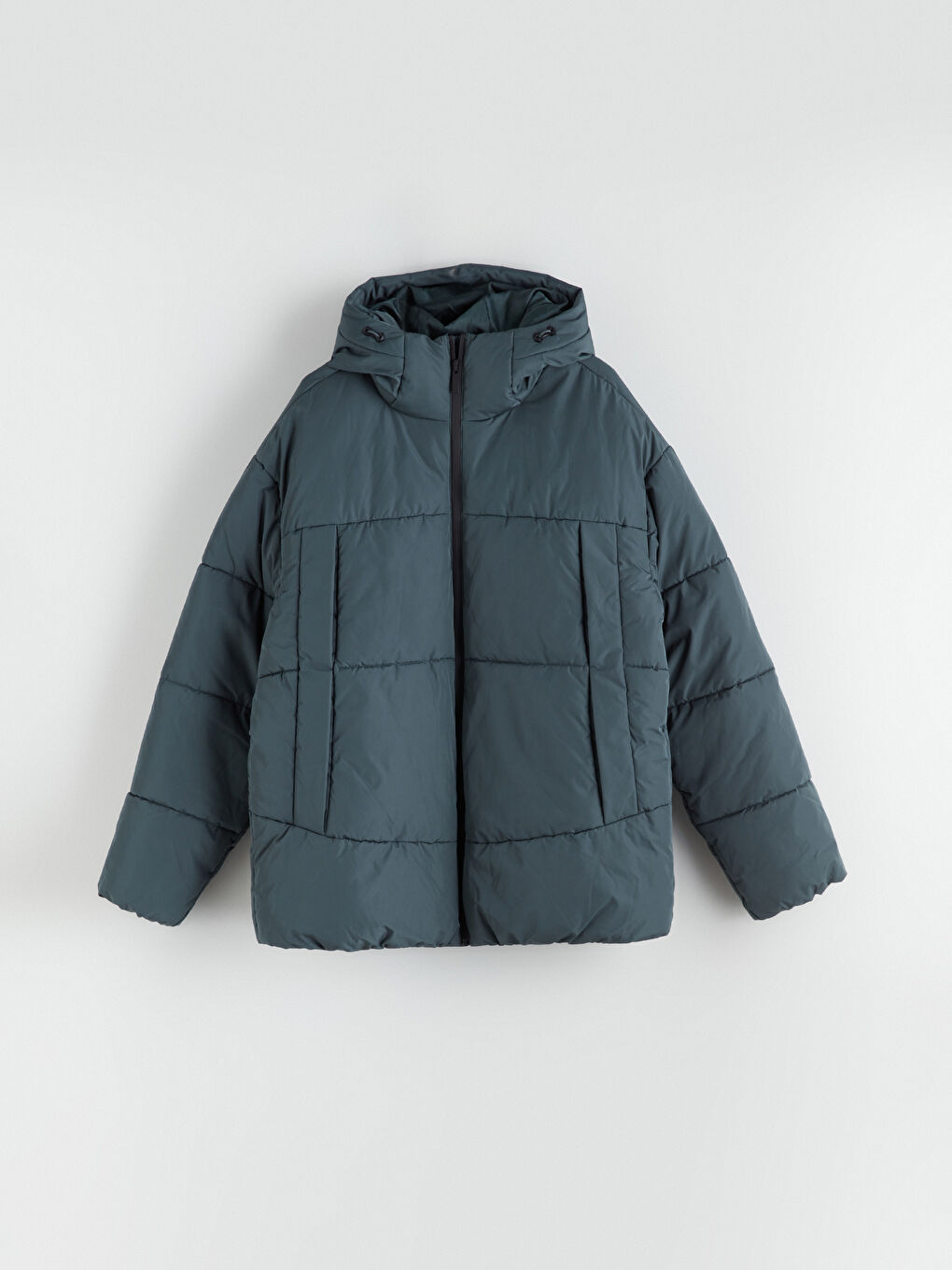 Yeşil Rahat Kalıp Kapüşonlu Erkek Şişme Mont-5