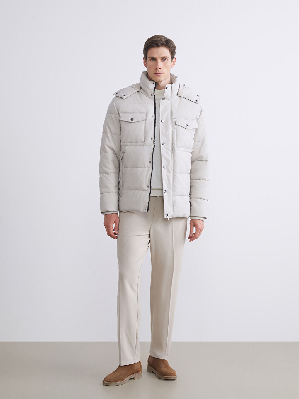 Bej Standart Kalıp Kapüşonlu Erkek Mont-1