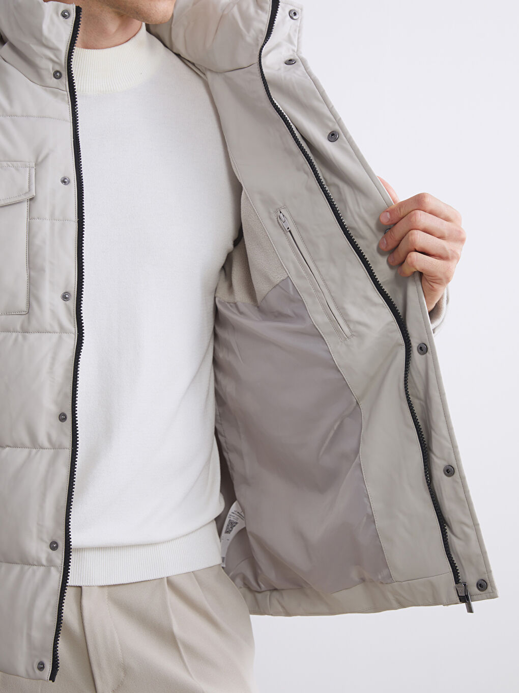 Bej Standart Kalıp Kapüşonlu Erkek Mont-2