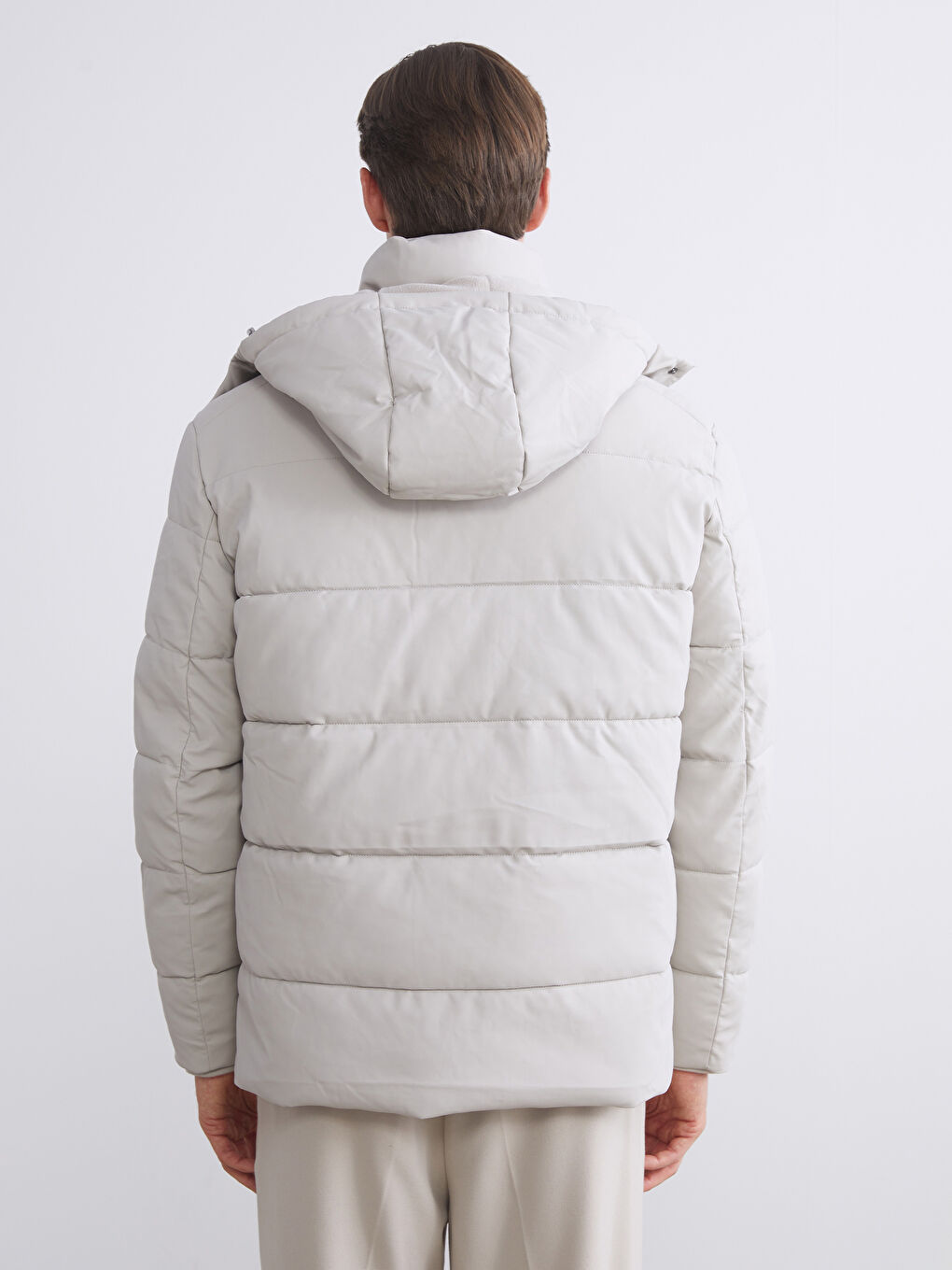 Bej Standart Kalıp Kapüşonlu Erkek Mont-4