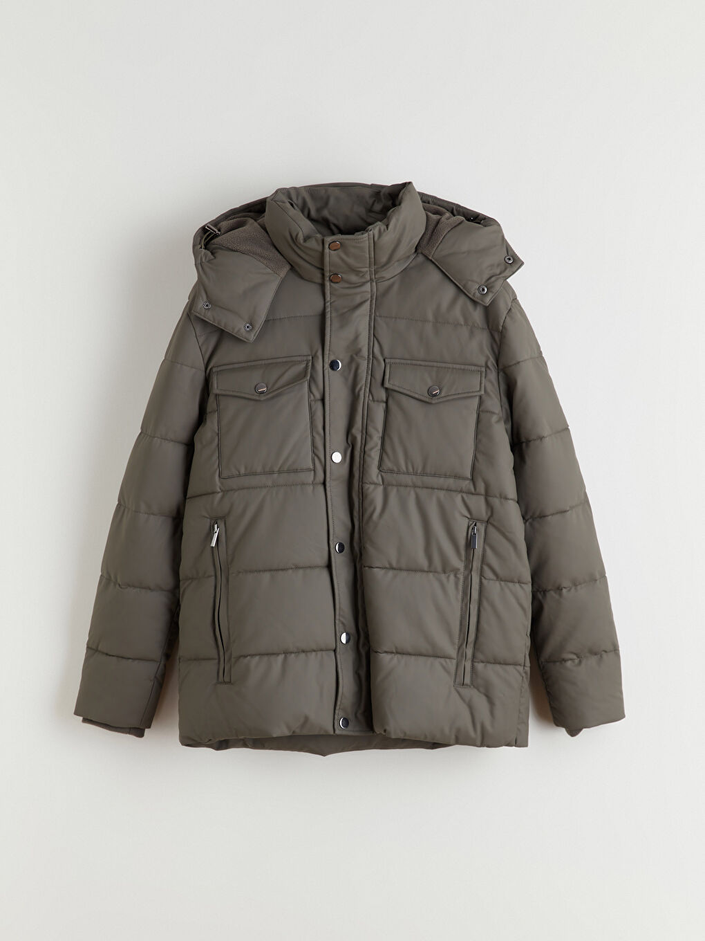 Haki Standart Kalıp Kapüşonlu Erkek Mont-5