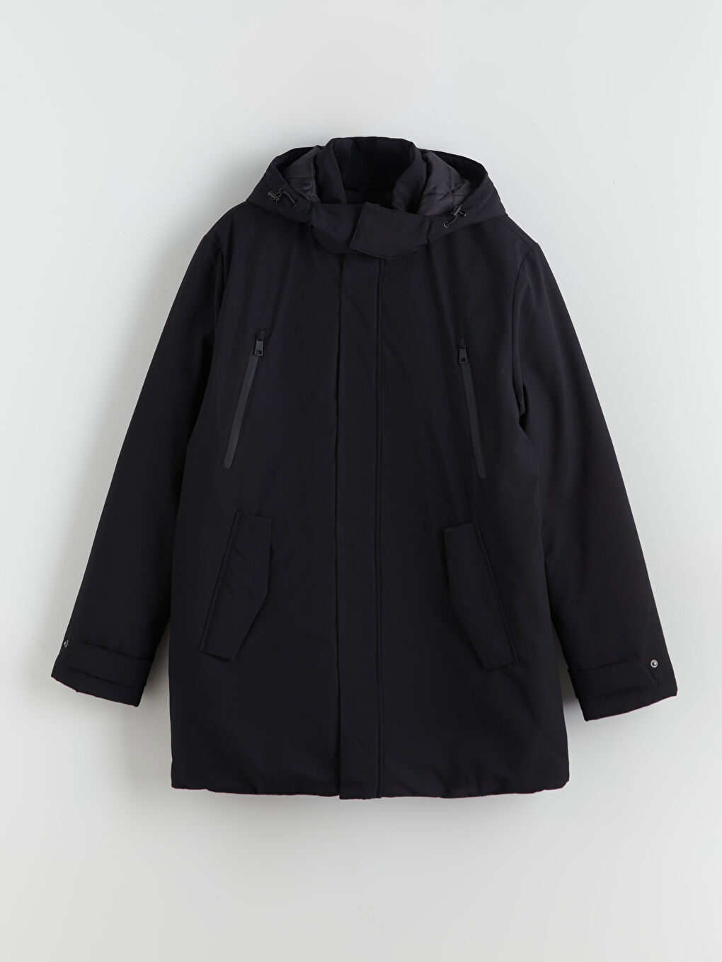 Siyah Standart Kalıp Kapüşonlu Erkek Parka-5