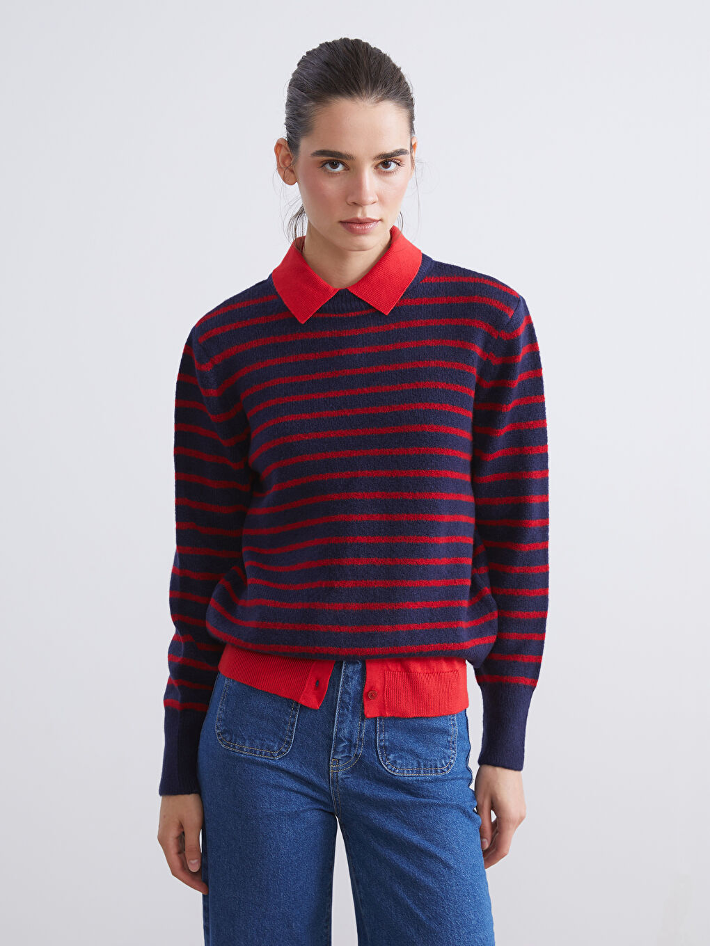 Kırmızı Bisiklet Yaka Çizgili Kadın Triko Kazak