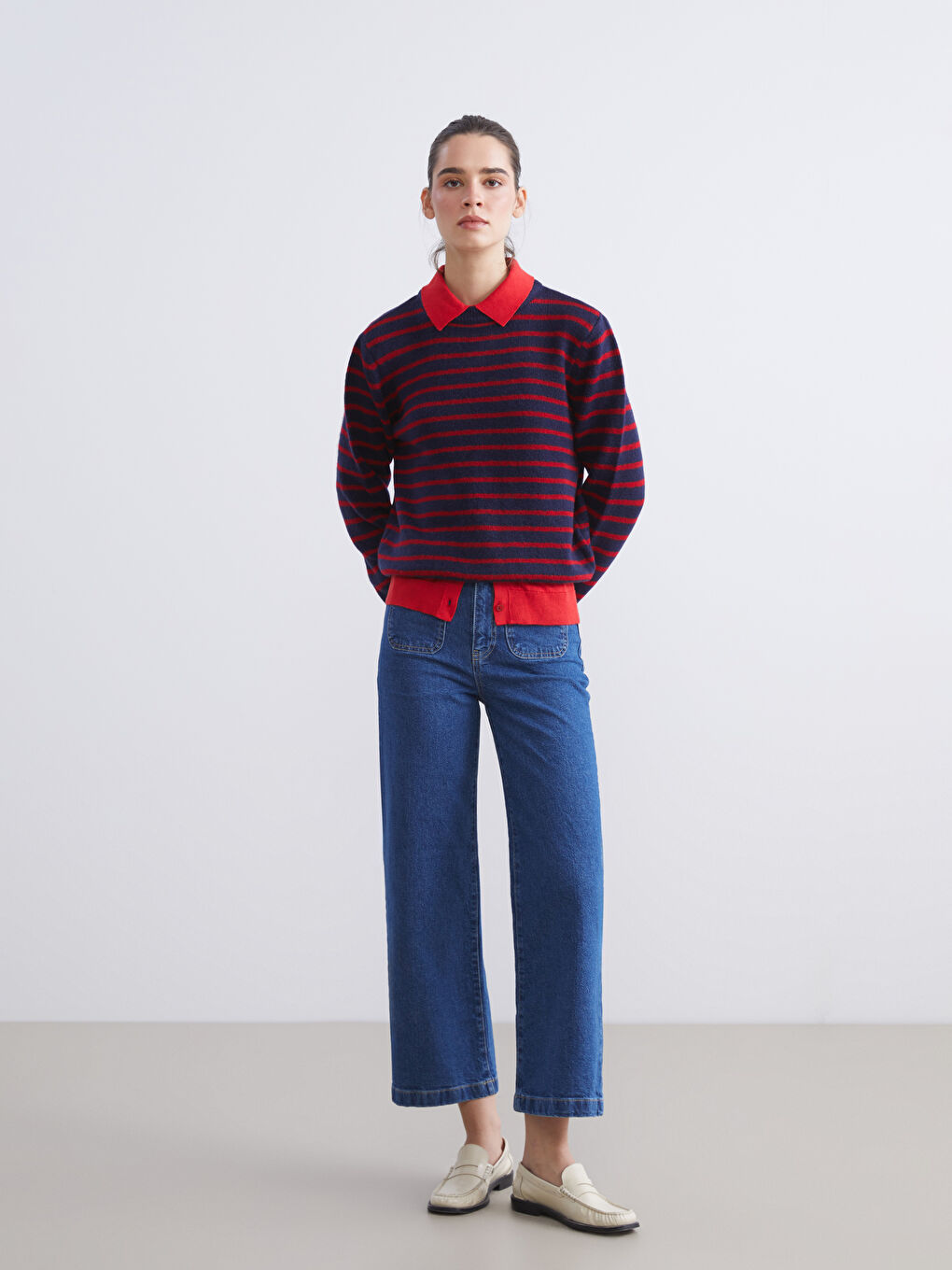 Kırmızı Bisiklet Yaka Çizgili Kadın Triko Kazak-1