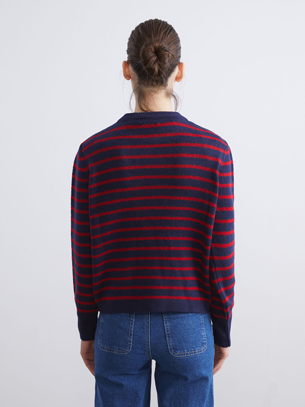 Kırmızı Bisiklet Yaka Çizgili Kadın Triko Kazak-3