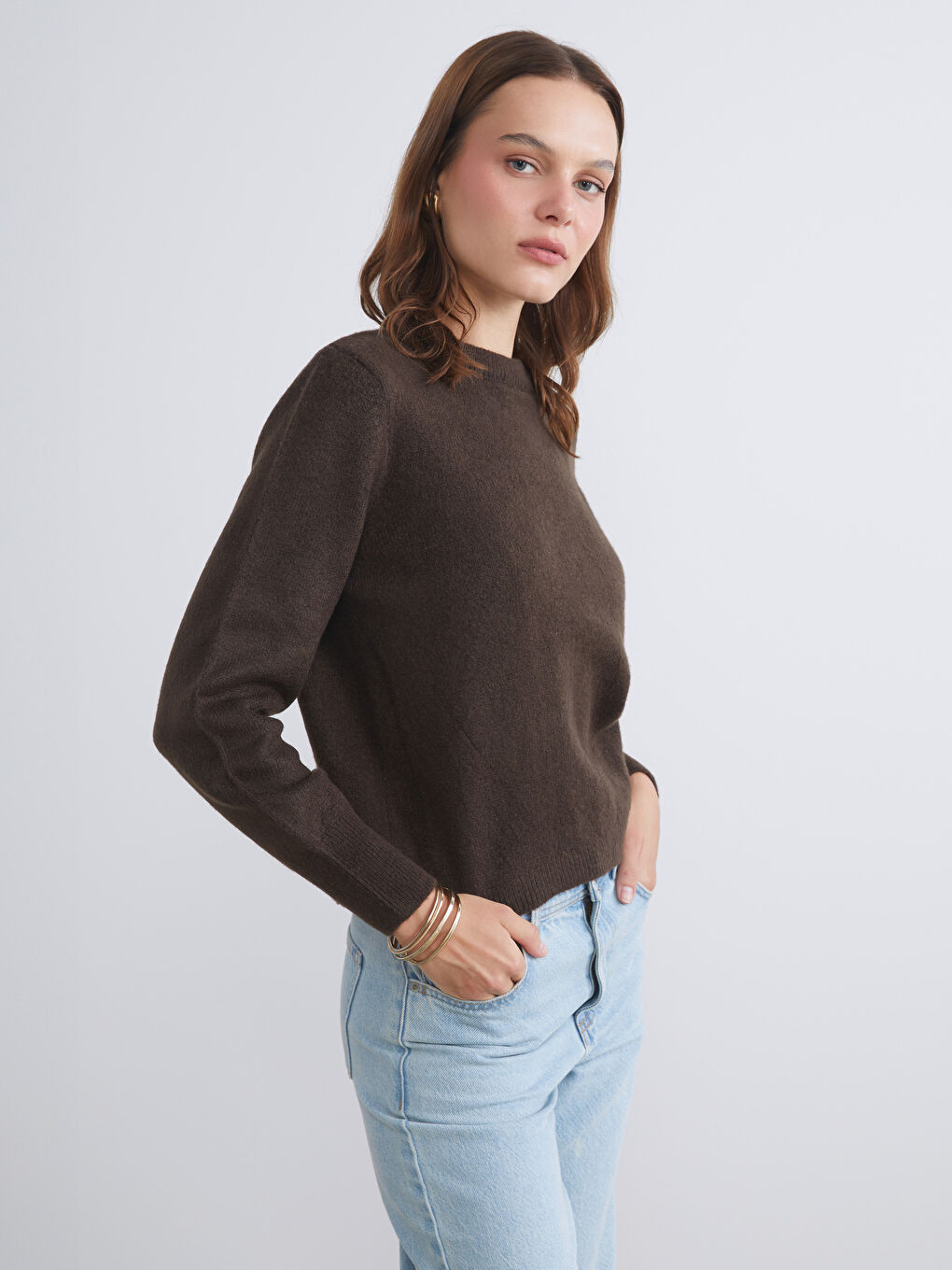 Kahverengi Bisiklet Yaka Kadın Triko Kazak