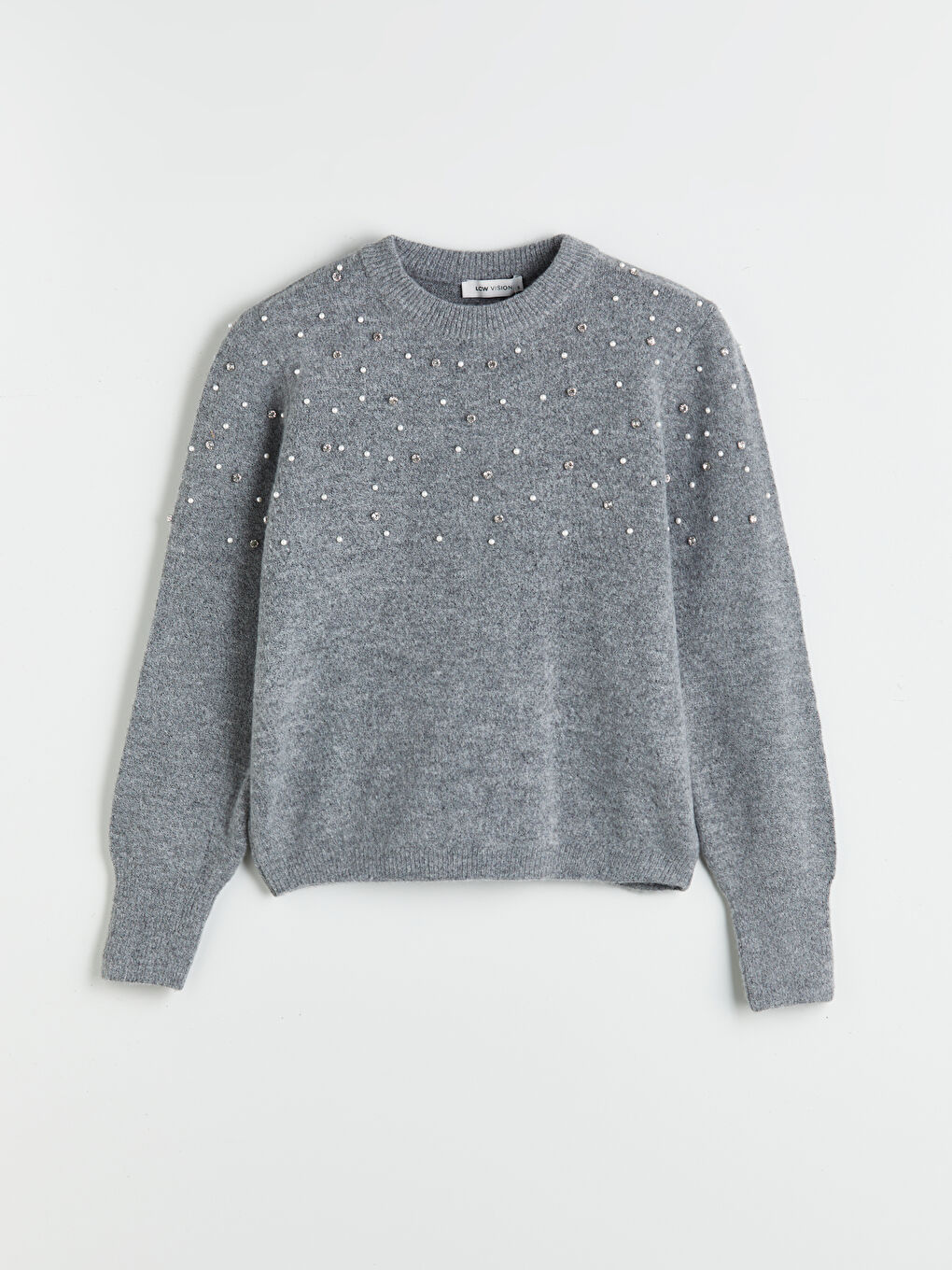 Gri Bisiklet Yaka Taşlı Kadın Triko Kazak-4