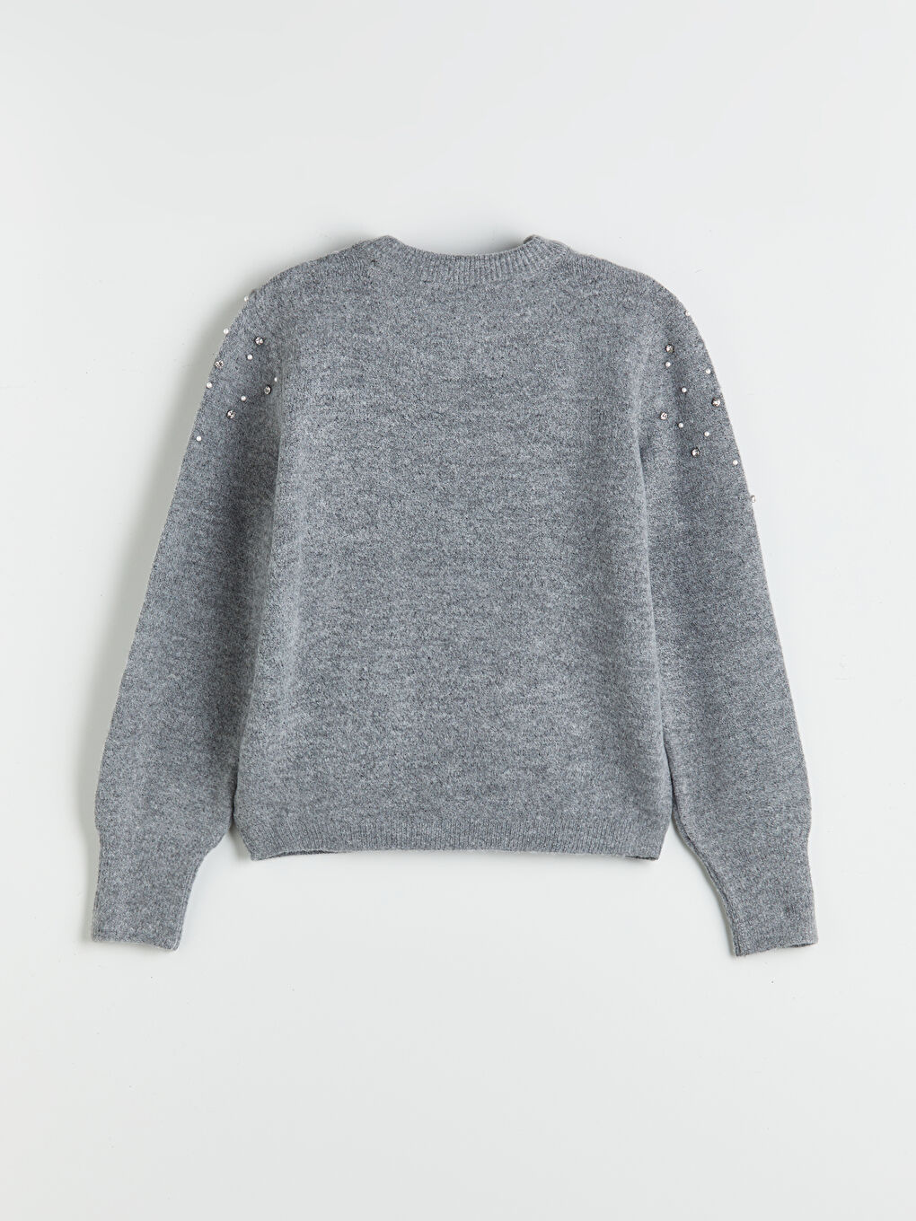 Gri Bisiklet Yaka Taşlı Kadın Triko Kazak-5