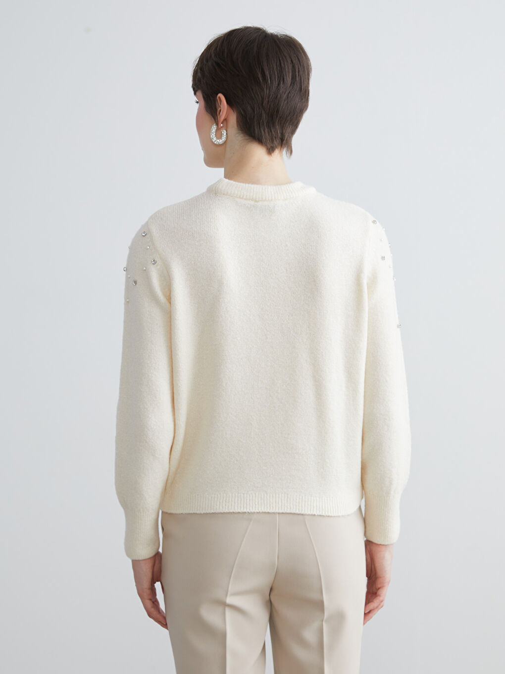 Ekru Bisiklet Yaka Taşlı Kadın Triko Kazak-3