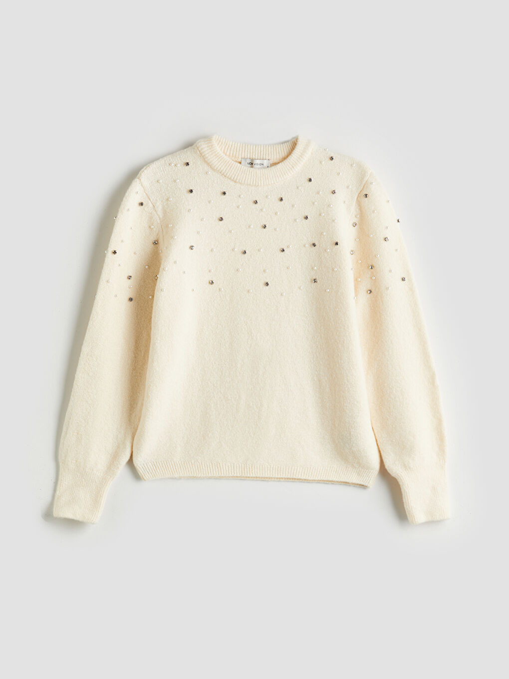 Ekru Bisiklet Yaka Taşlı Kadın Triko Kazak-4