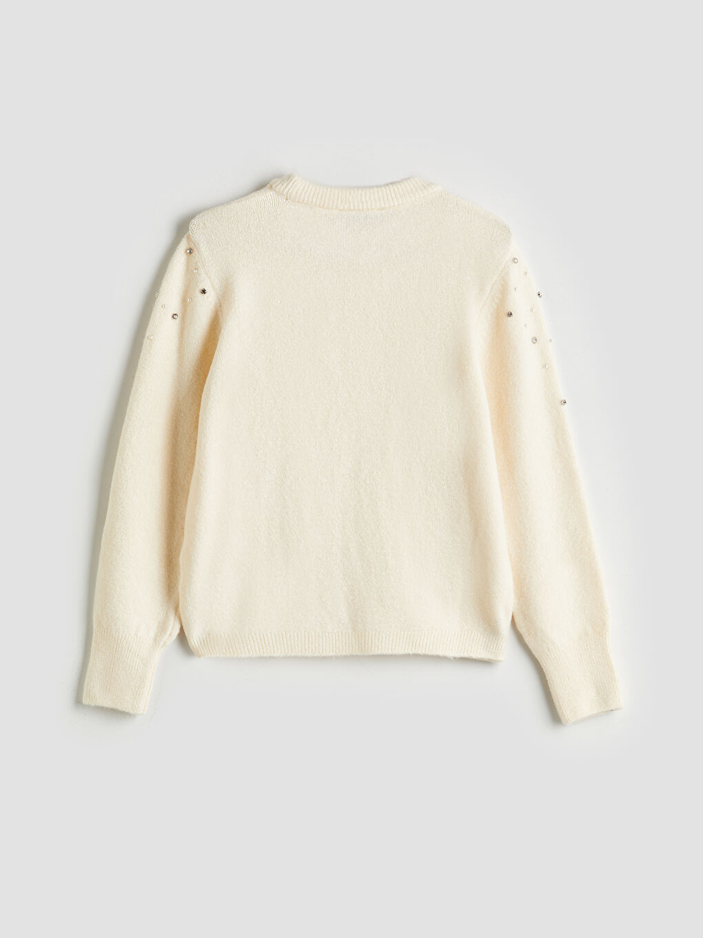 Ekru Bisiklet Yaka Taşlı Kadın Triko Kazak-5