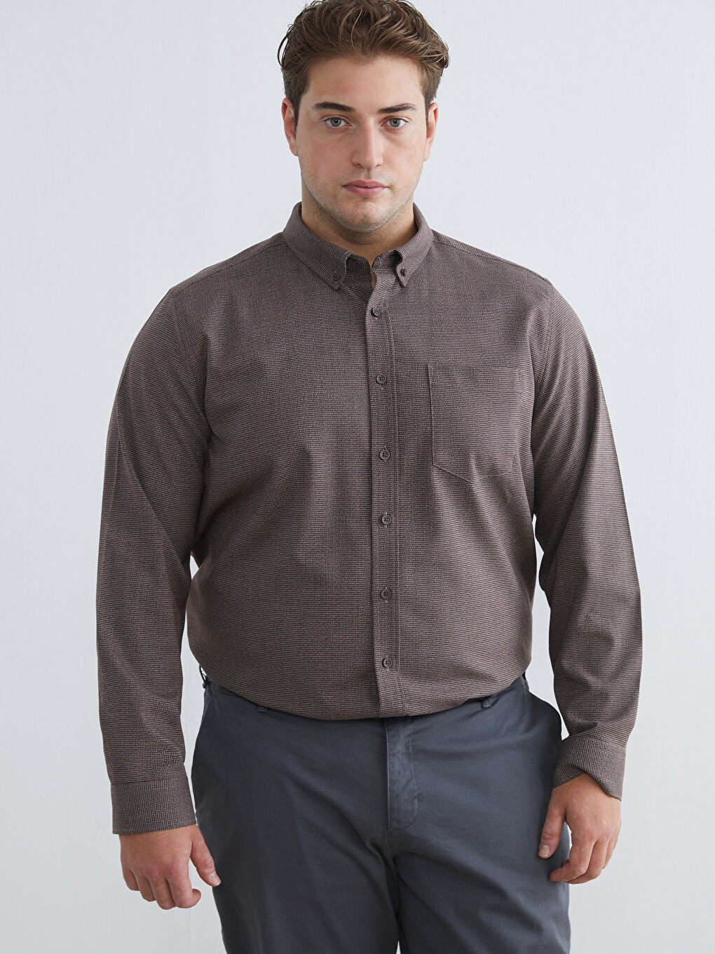 Kahverengi Regular Fit Armürlü Cepli Erkek Gömlek-1