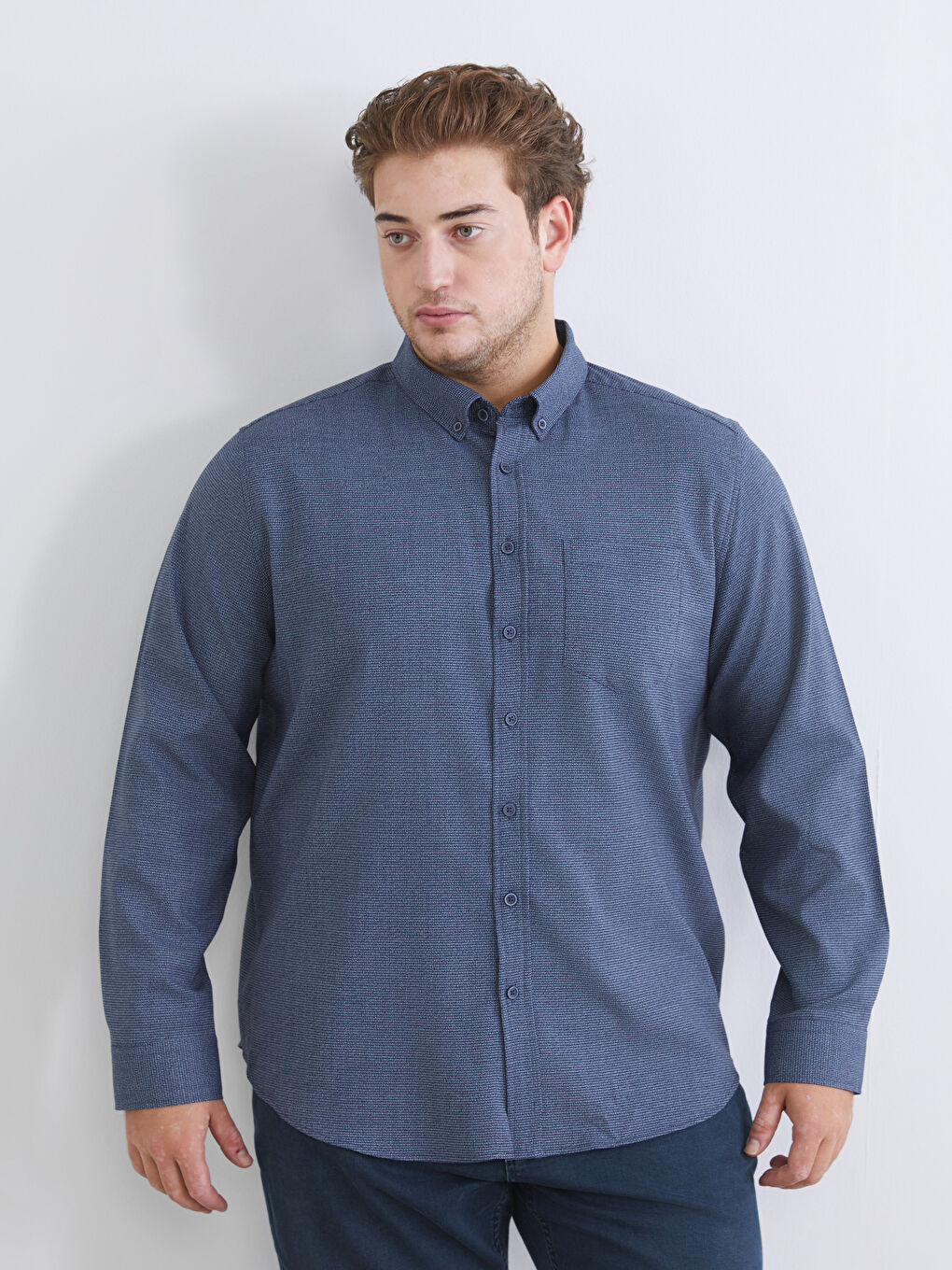 Lacivert Regular Fit Armürlü Cepli Erkek Gömlek-1