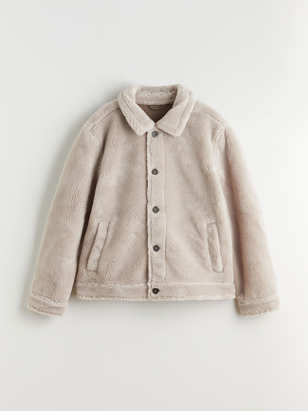 Bej Standart Kalıp Gömlek Yaka Pelüş Erkek Mont-4