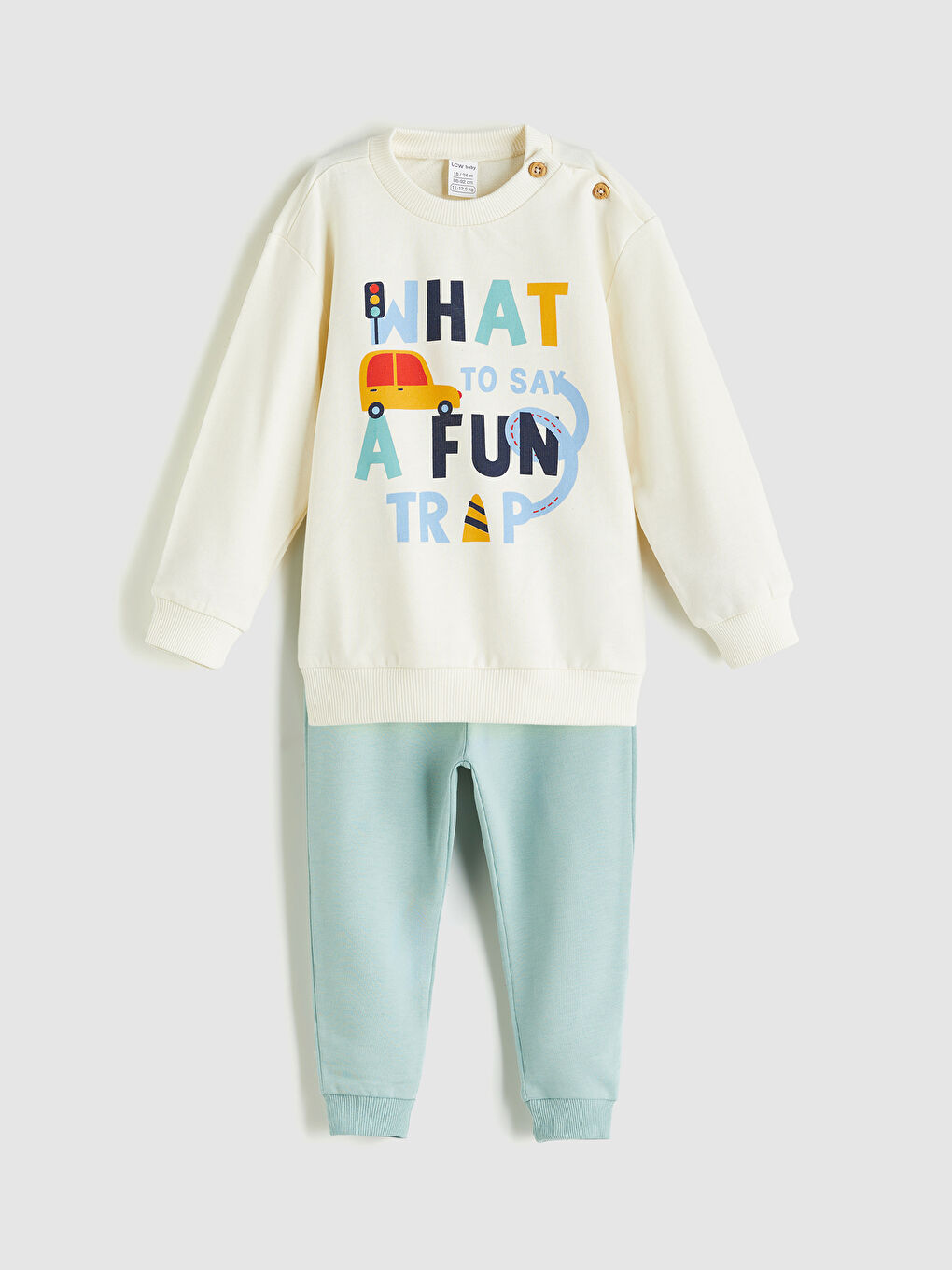 Bej Bisiklet Yaka Baskılı Erkek Bebek Sweatshirt ve Eşofman Alt 2'li