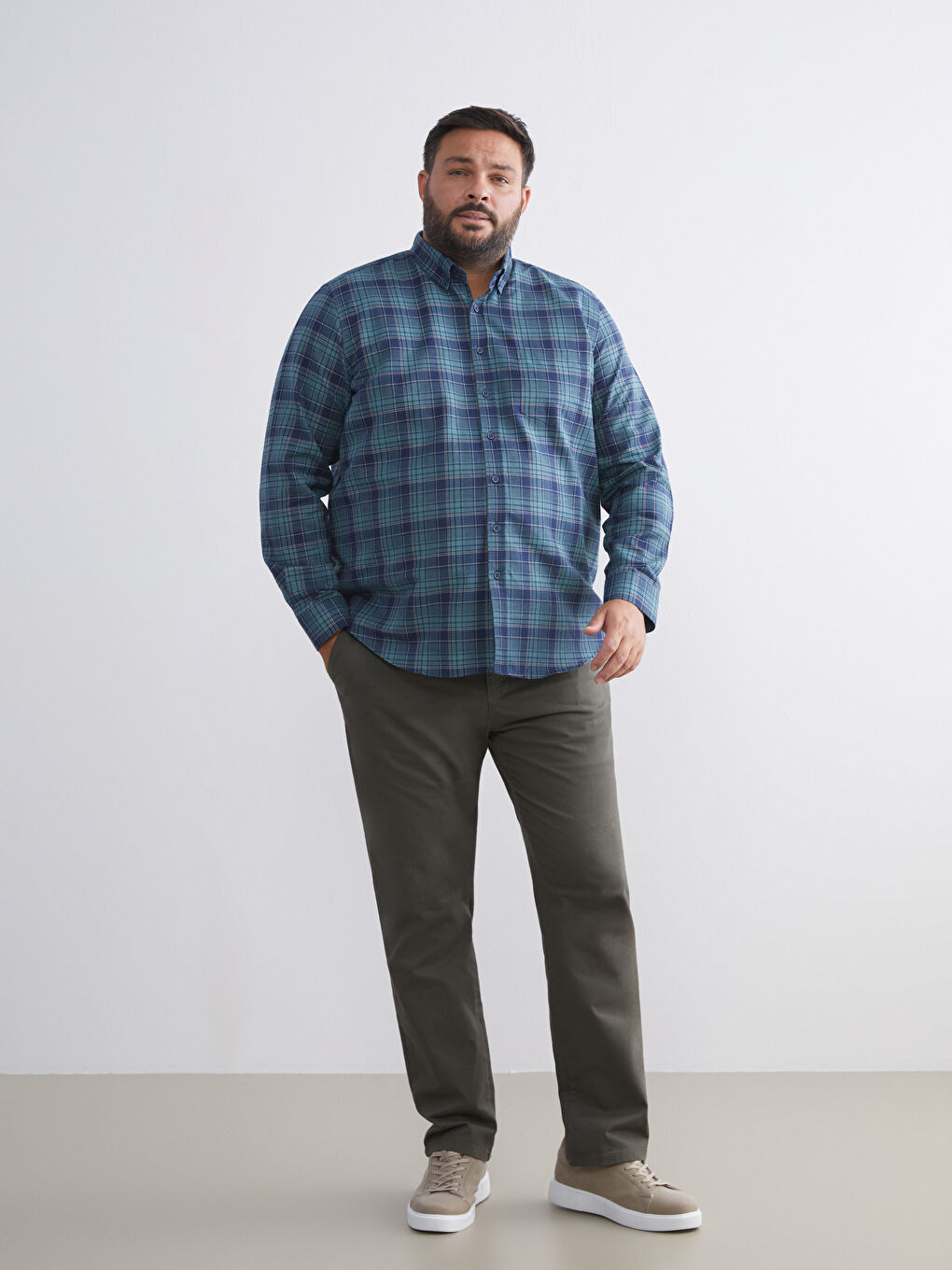 Yeşil Regular Fit Uzun Kollu Ekose Gabardin Erkek Gömlek-5