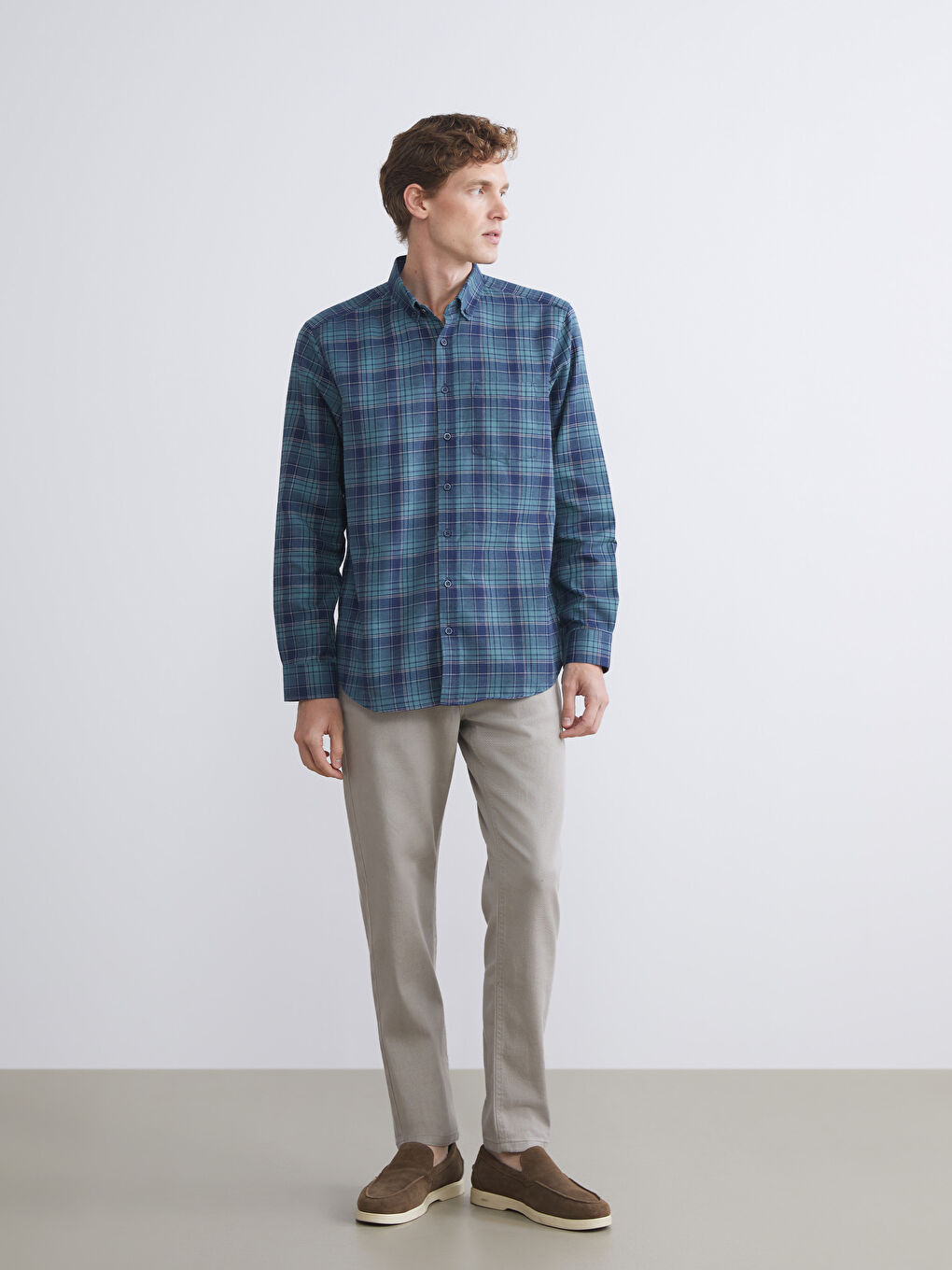 Yeşil Regular Fit Uzun Kollu Ekose Gabardin Erkek Gömlek-2