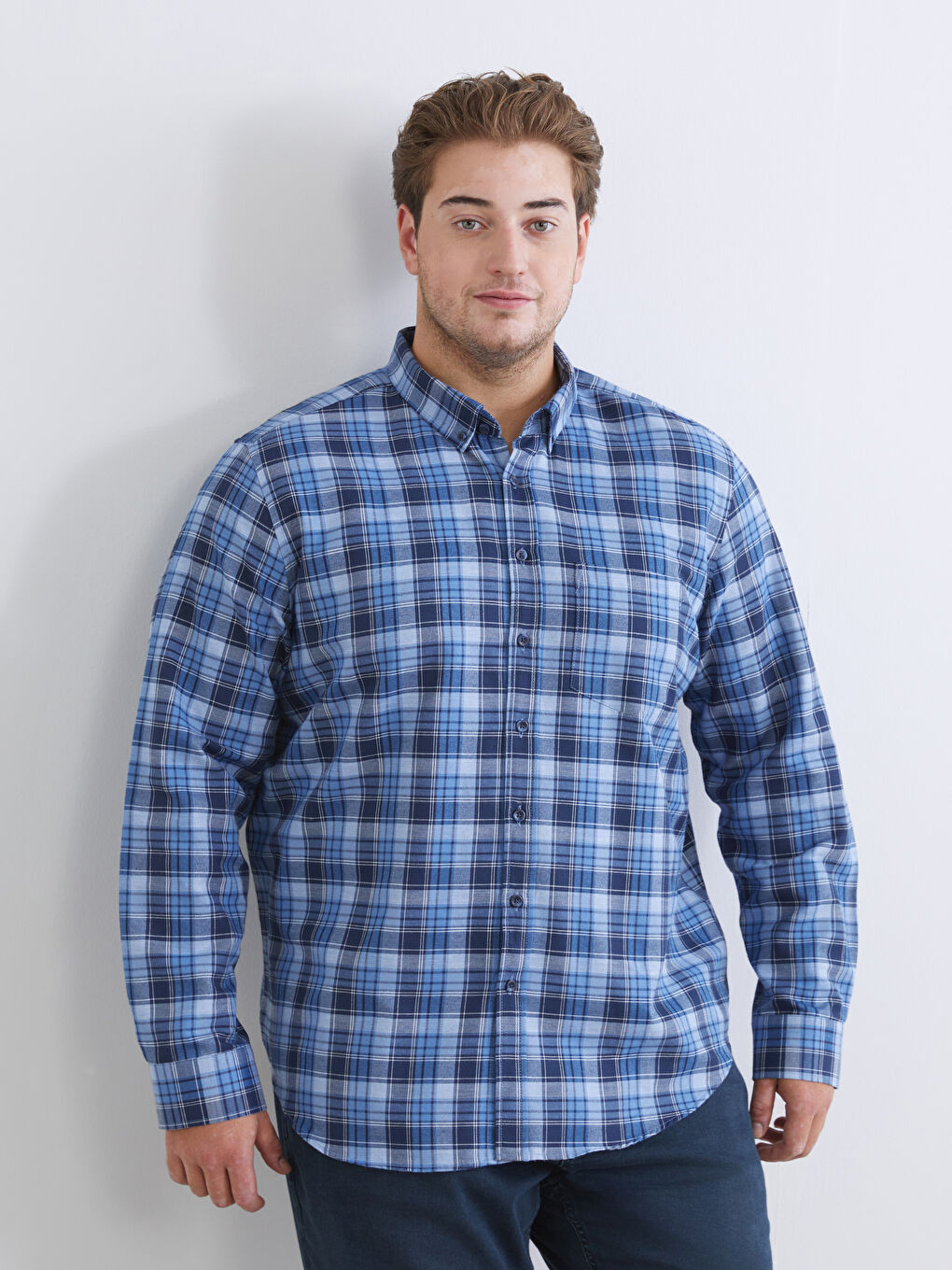 İndigo Regular Fit Uzun Kollu Ekose Gabardin Erkek Gömlek-1