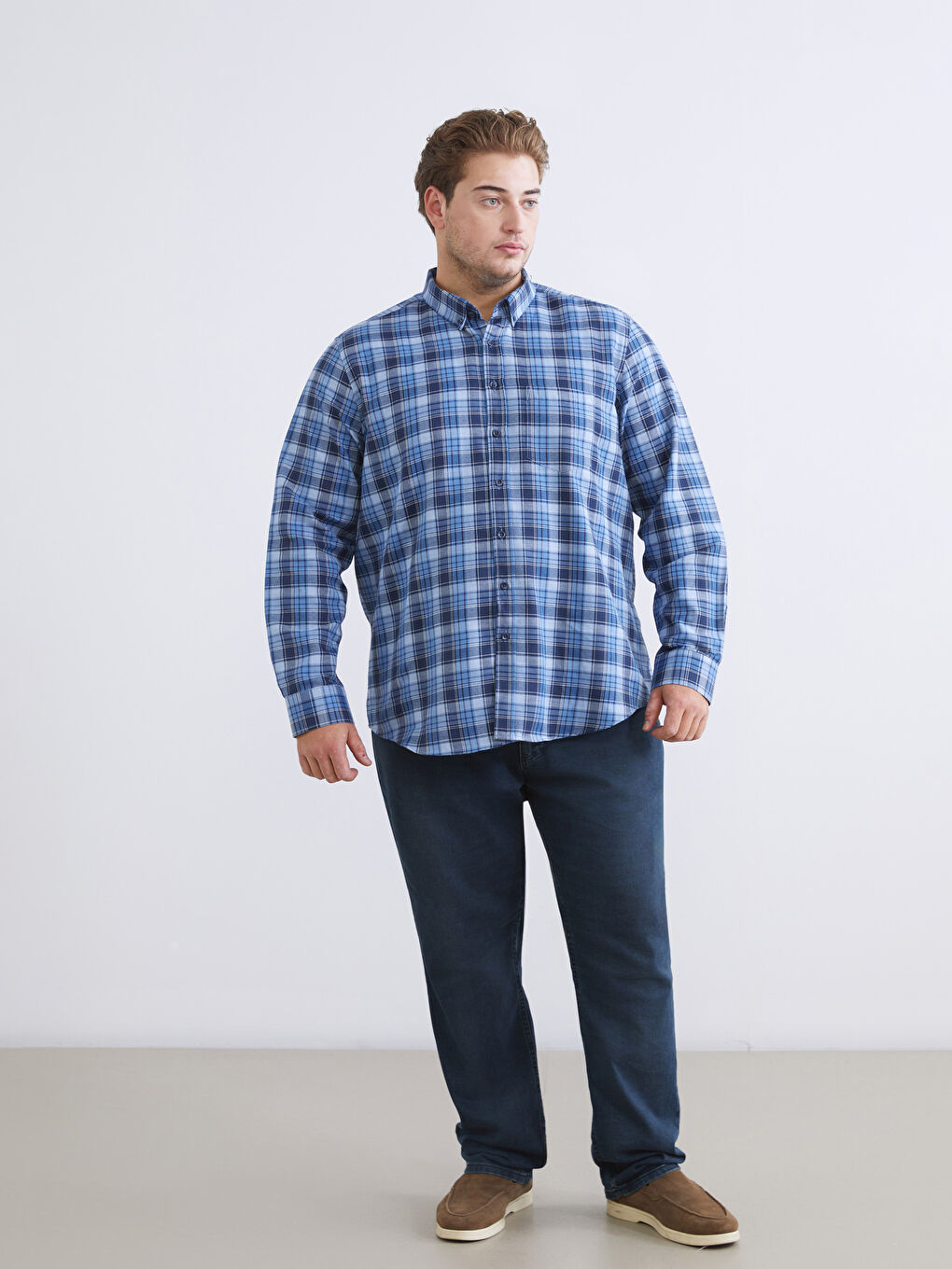 İndigo Regular Fit Uzun Kollu Ekose Gabardin Erkek Gömlek-5