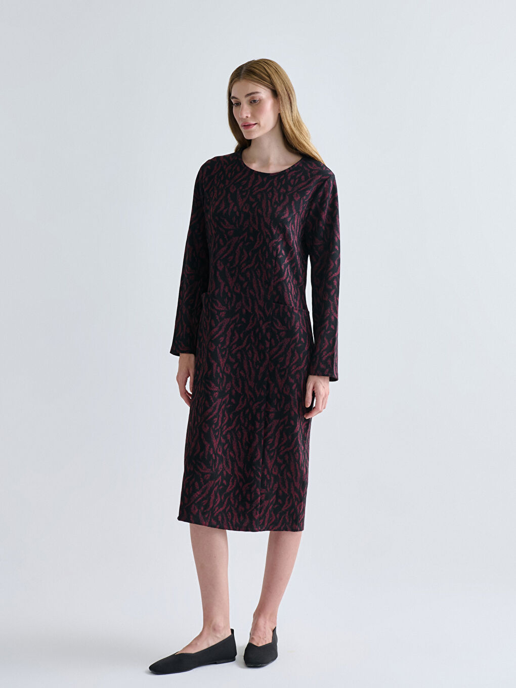 Crew Neck Patterned A-Line Dress