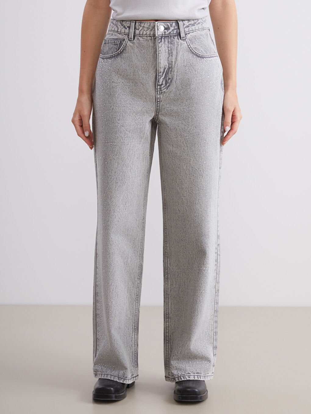 Gri Yüksek Bel Wideleg Kadın Jean Pantolon-1