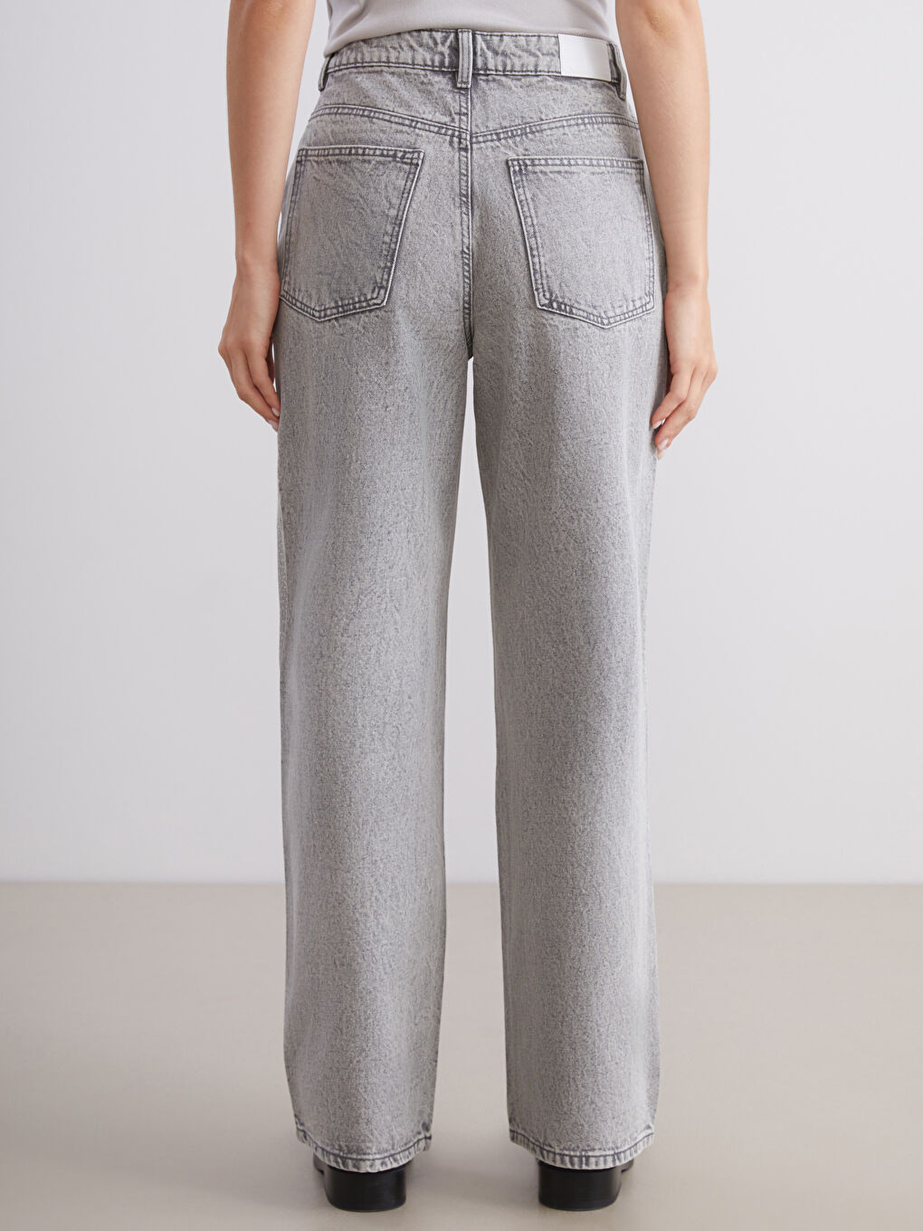 Gri Yüksek Bel Wideleg Kadın Jean Pantolon-3
