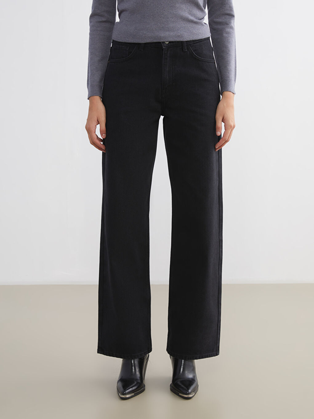Siyah Wideleg Kadın Jean Pantolon-1