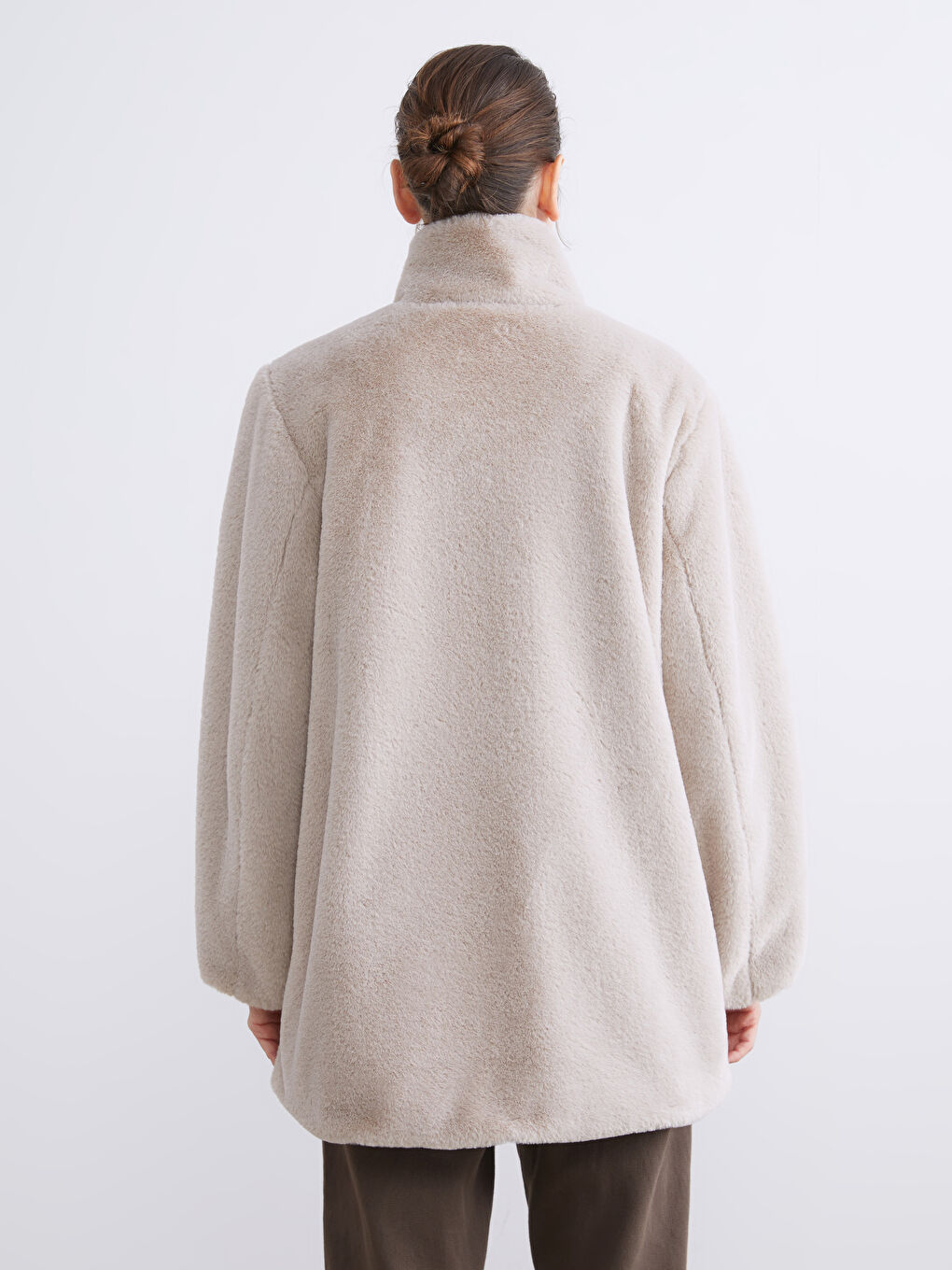 Палто За Жени С Яка Тип Фуния От Изкуствена Кожа-4