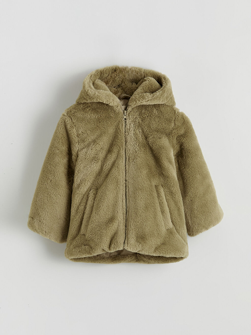 Yeşil Kapüşonlu Kız Çocuk Pelüş Mont	