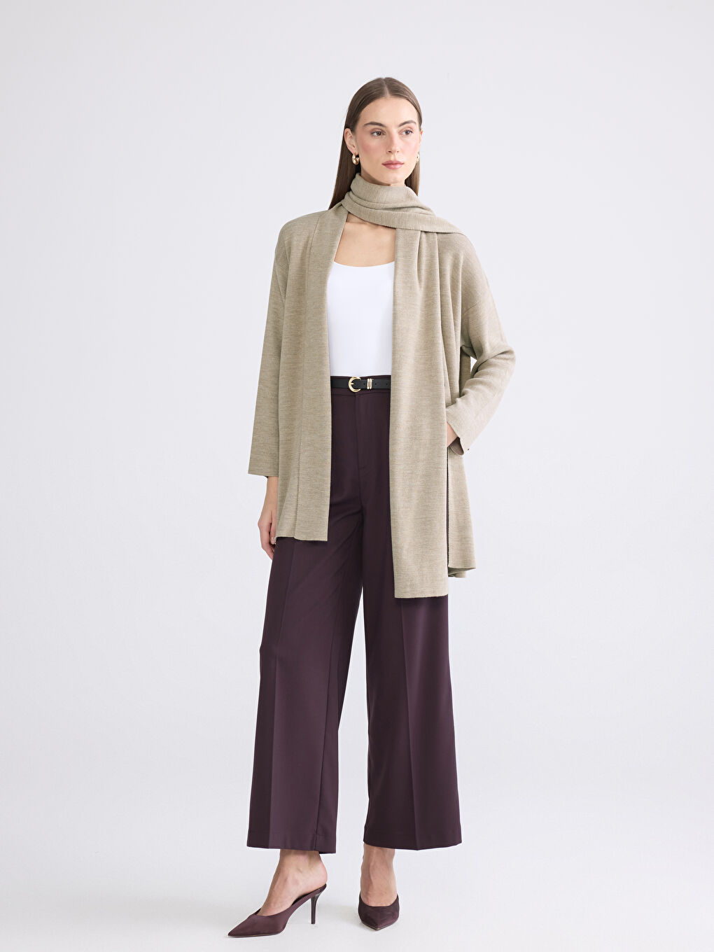 Kahverengi Atkılı Şal Yaka Kadın Triko Hırka-1