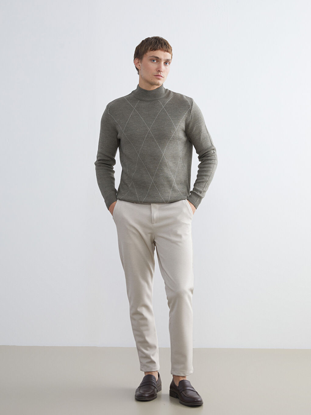 Yeşil Yarım Balıkçı Yaka Uzun Kollu Desenli Erkek Triko Kazak-1