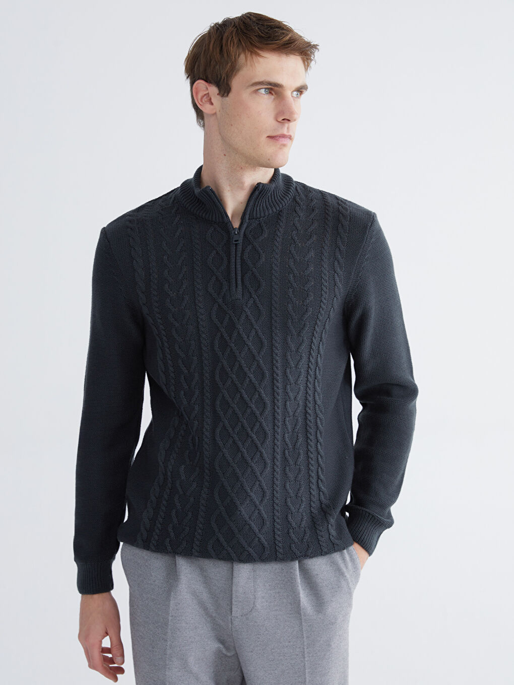 Antrasit Fermuarlı Dik Yaka Erkek Triko Kazak