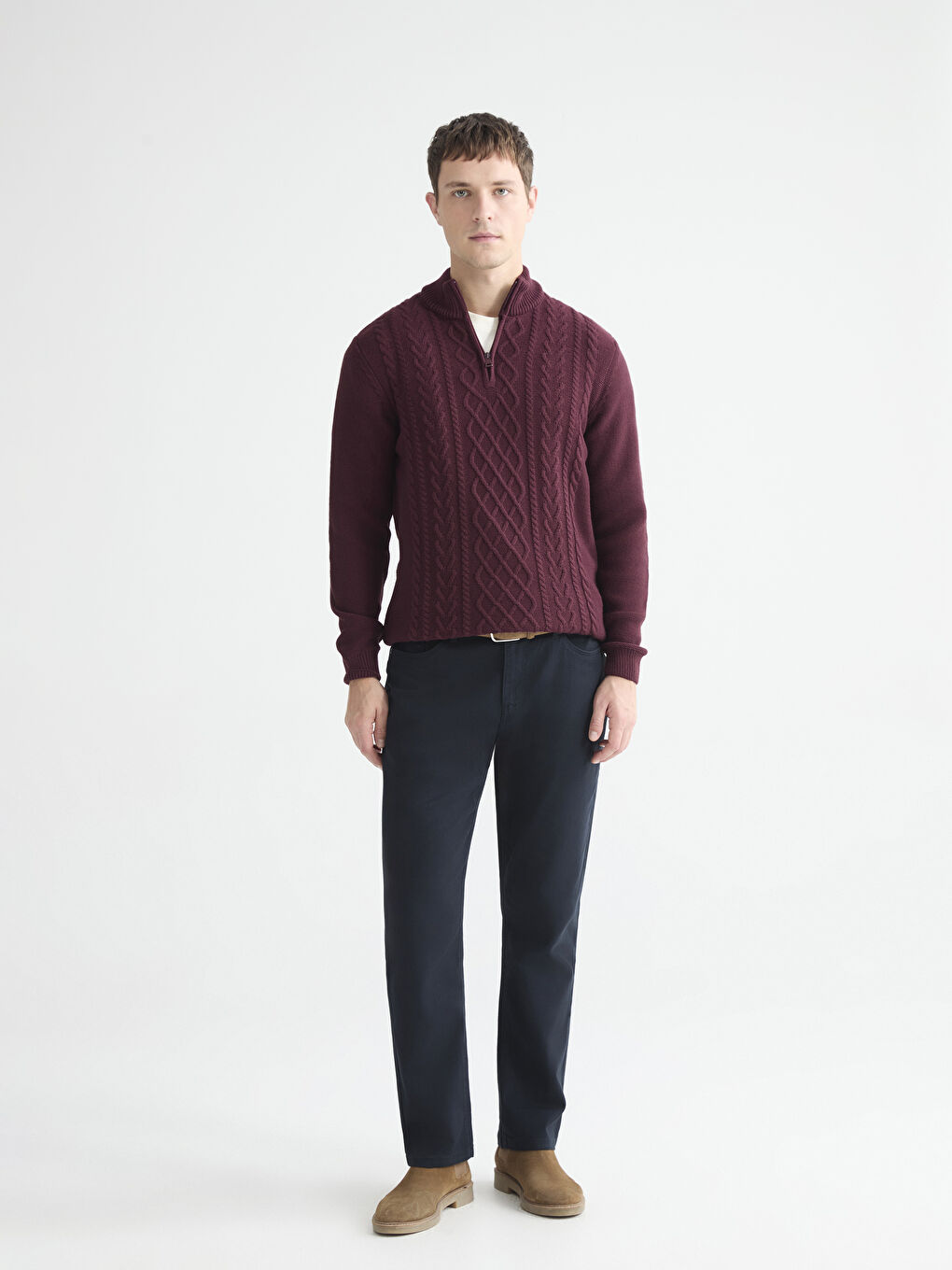 Mürdüm Fermuarlı Dik Yaka Erkek Triko Kazak-1