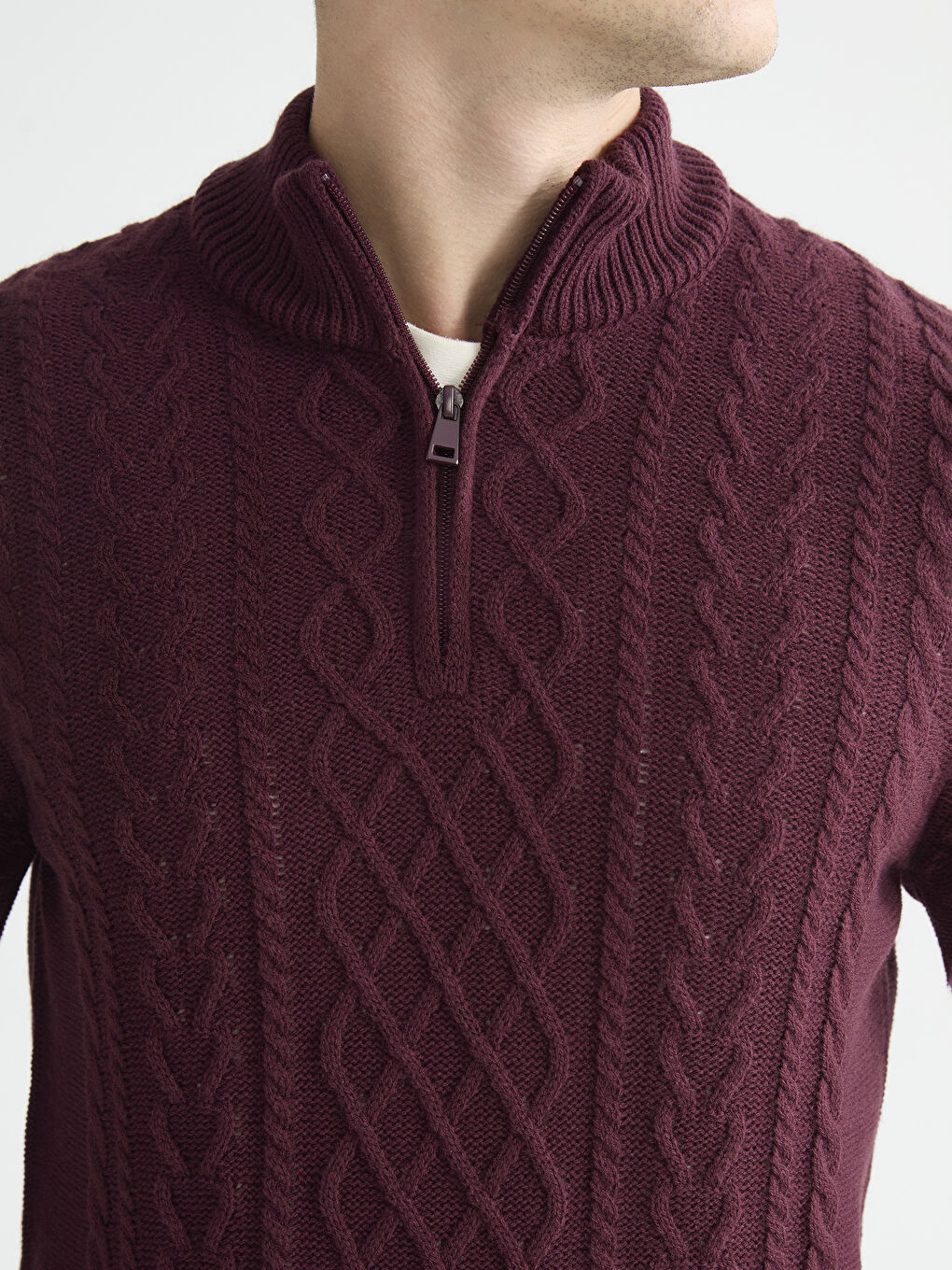 Mürdüm Fermuarlı Dik Yaka Erkek Triko Kazak-2