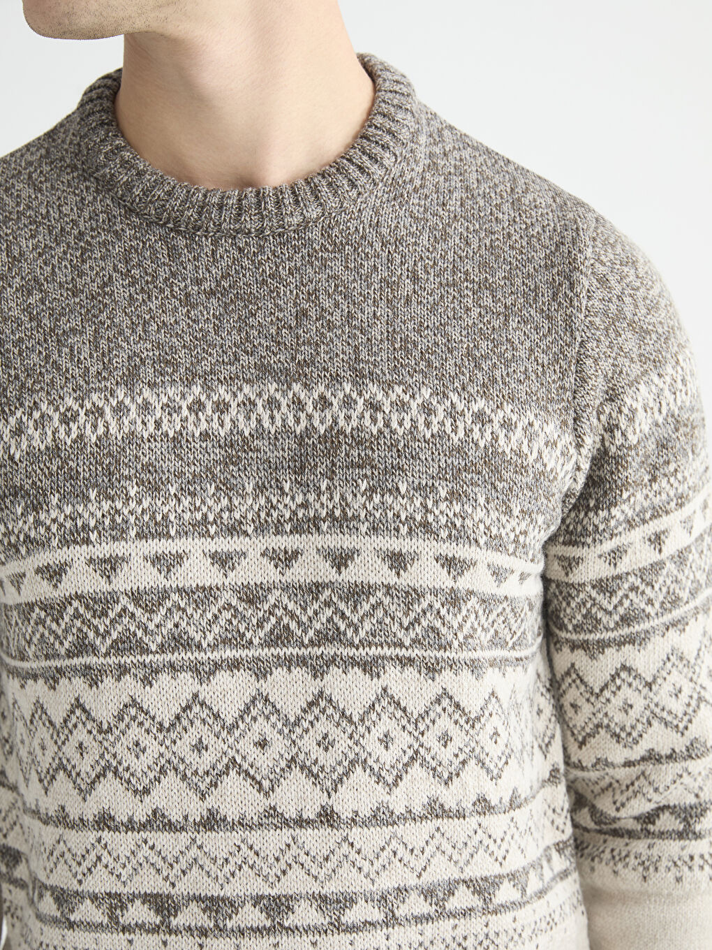 Bej Bisiklet Yaka Desenli Erkek Triko Kazak-2