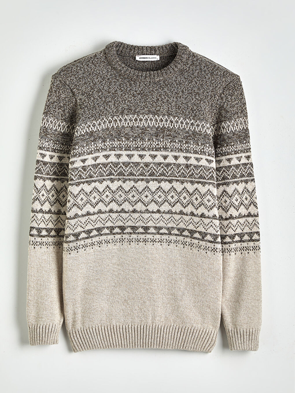 Bej Bisiklet Yaka Desenli Erkek Triko Kazak-4