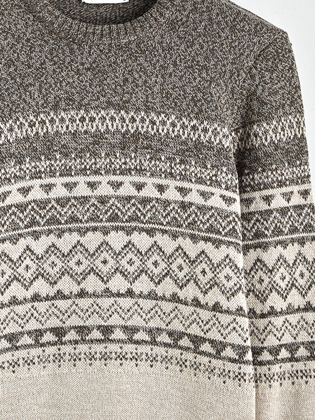 Bej Bisiklet Yaka Desenli Erkek Triko Kazak-5