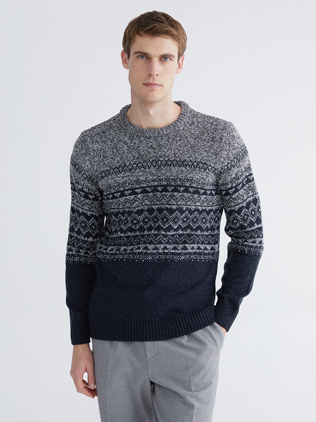 Lacivert Bisiklet Yaka Desenli Erkek Triko Kazak