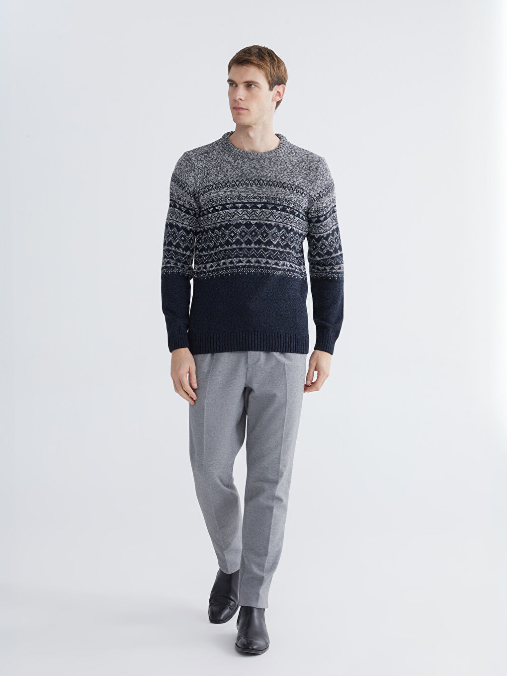 Lacivert Bisiklet Yaka Desenli Erkek Triko Kazak-1