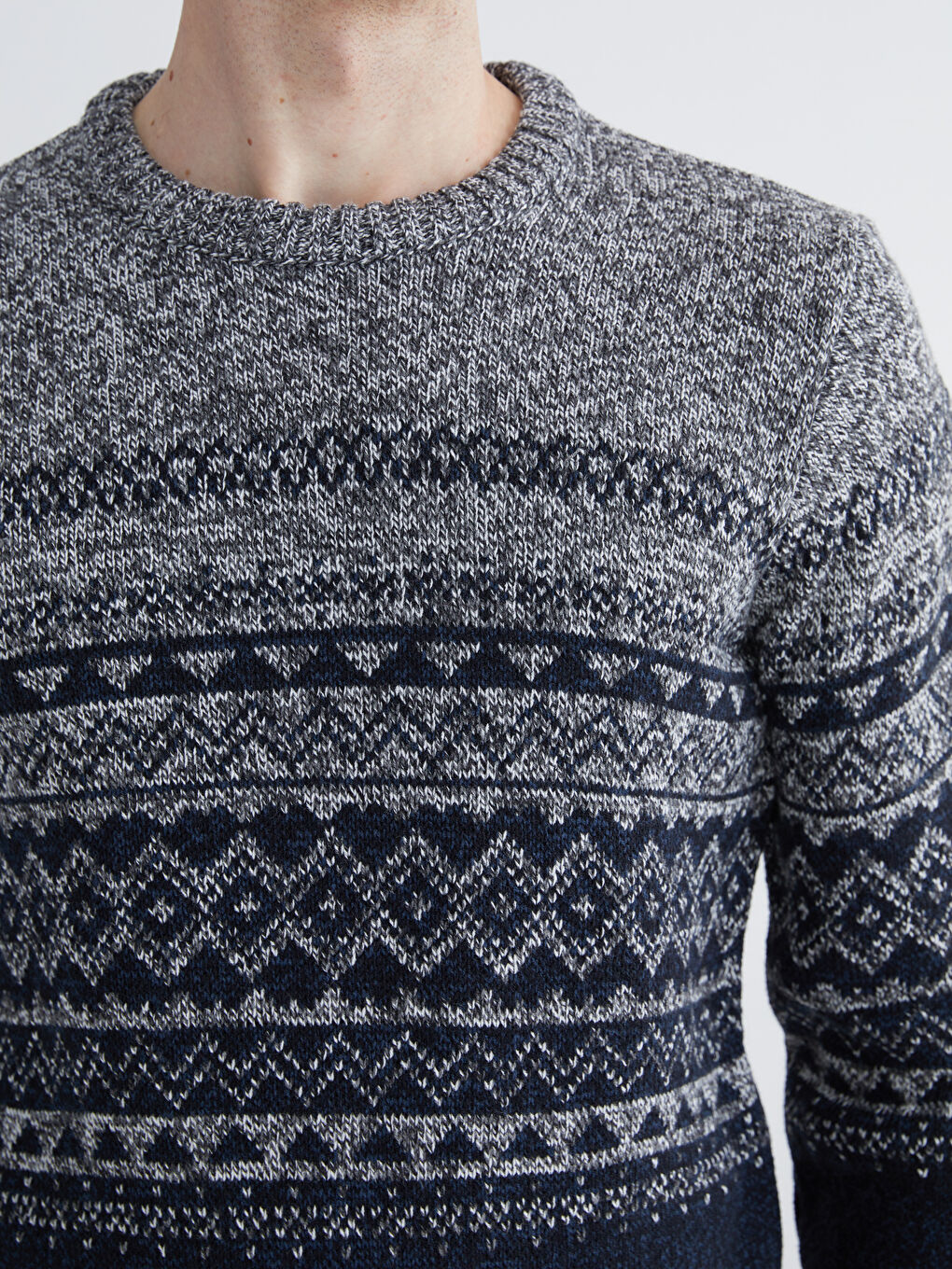 Lacivert Bisiklet Yaka Desenli Erkek Triko Kazak-2