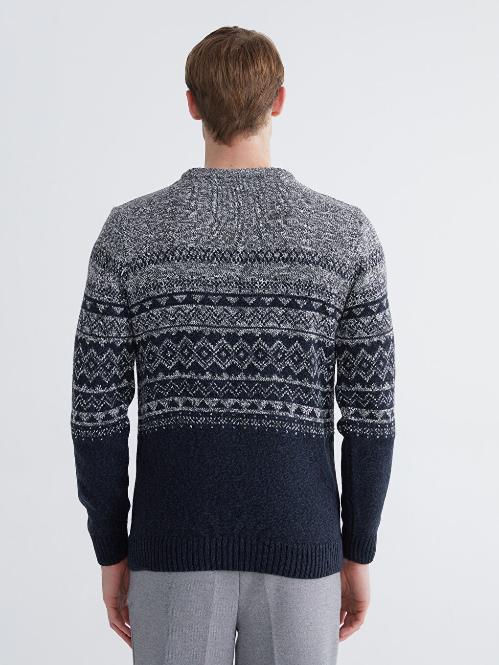 Lacivert Bisiklet Yaka Desenli Erkek Triko Kazak-3